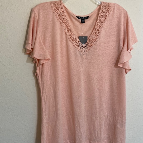 Ralph Lauren Jersey Flutter- Sleeve T-Shirt in pale Pink Size XL - Picture 1 of 5